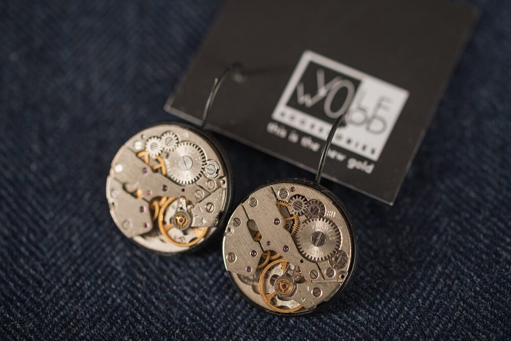 Earrings with watch movements in black frames