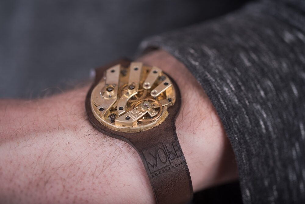 Brown small leather bracelet with pocket watch movement