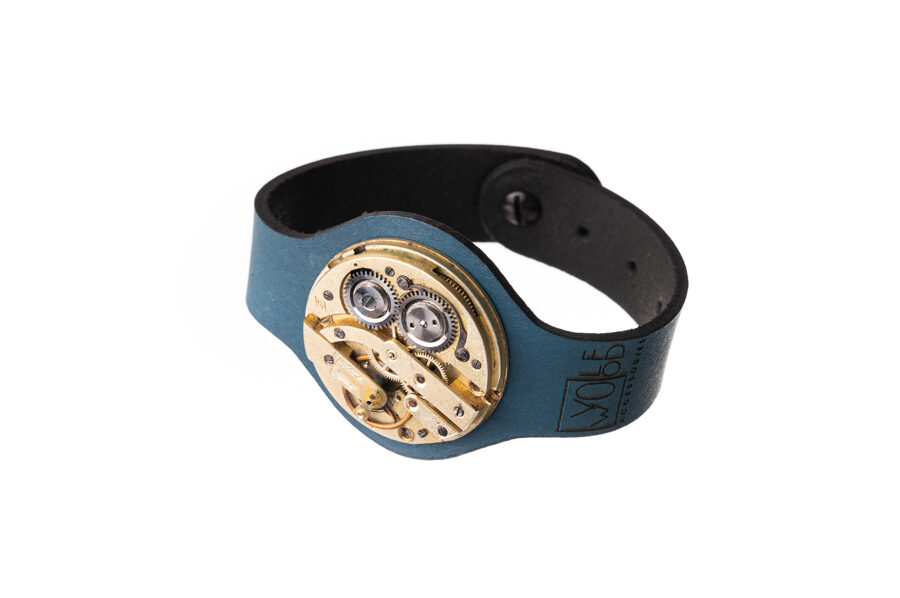 Blue leather bracelet with pocket watch movement