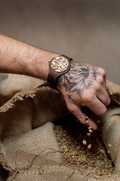 Brūnas ādas rokassprādze ar kabatas pulksteņa mehānismu vīriešu